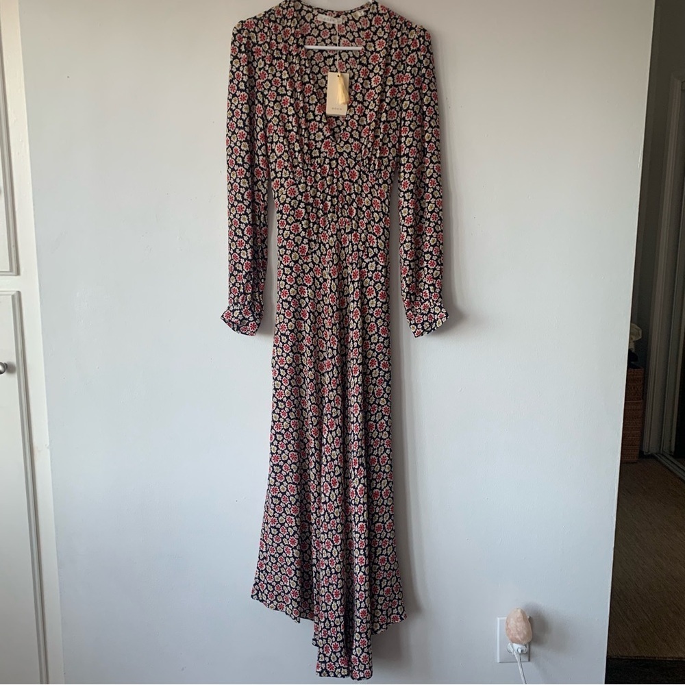 NWT Doen Charleston Deep V Neck Long Sleeve Maxi Dress Navy Bellflower Blossom - Picture 8 of 16